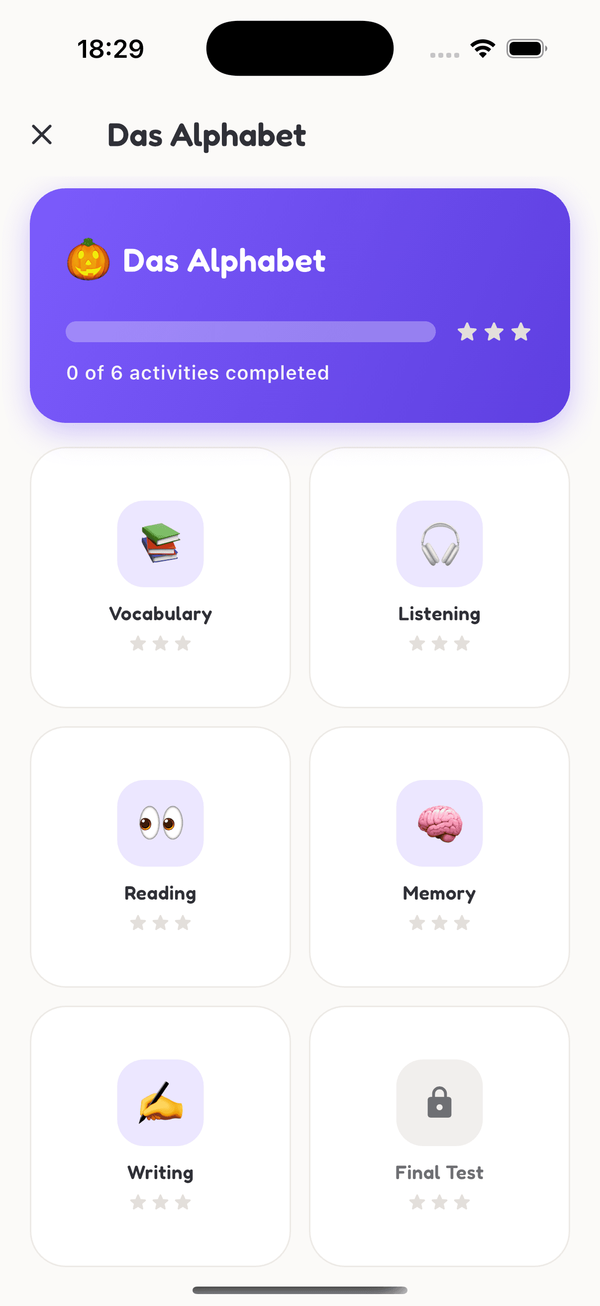 Detusy lesson screen with vocabulary, listening, reading and quiz activities