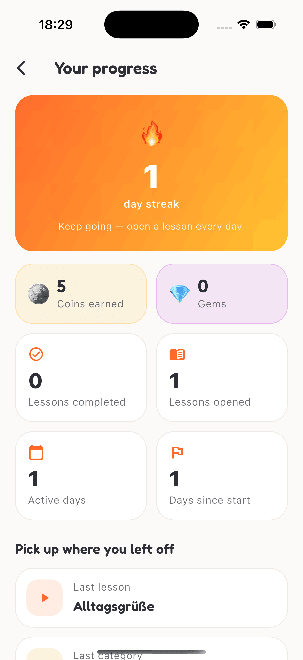 Detusy progress screen showing streaks, coins and gems
